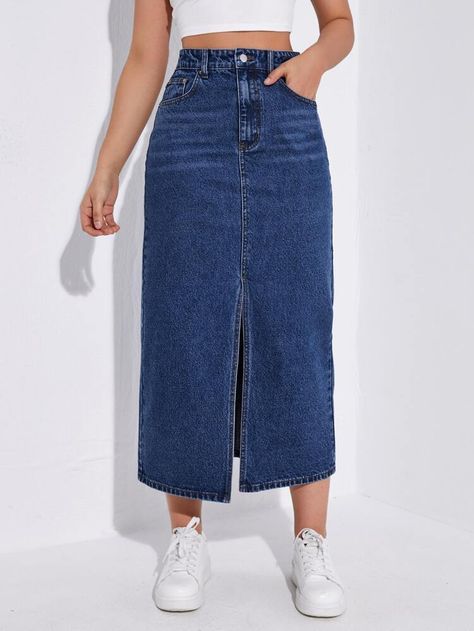 Dark Blue Denim Skirt Outfit, Demim Skirt, Long Jean Skirts, Bedazzled Jeans, Casual Denim Skirt, Patchwork Denim Skirt, Denim Skirt Fashion, Jean Skirt Outfits, Long Jean Skirt