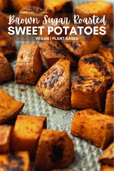 Brown Sugar Roasted Sweet Potatoes are crispy, lightly sweet and smoky thanks to brown sugar (or coconut sugar), smoked paprika, and black pepper. Oven baked perfection at 425F. #brownsugarsweetpotatoes #sweetpotatoes #roastedsweetpotatoes #brownsugar #vegan #sweetpotatorecipes #plantbased #plantbasedrecipe #veganrecipe Brown Sugar Sweet Potatoes, Sweet Potato Seasoning, Sweet Potato Recipes Roasted, Roasted Vegetable Salad, Sweet Potatoe Bites, Breakfast Sides, Potato Sticks, Yummy Sweet Potatoes, Easy Vegan Dinner