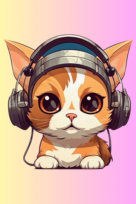 Design of a cute Cat Wearing Headphones in cartoon style. See more cool designs at my store! Cat With Headphones Drawing, Wearing Headphone, Four Legged, Cartoon Styles, Science Poster, Animal Drawings, Cute Cat, Stranger Things Fanart, Headphones