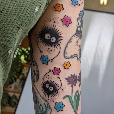 Studio Ghibli American Traditional Tattoo, Traditional Studio Ghibli Tattoo, Studio Ghibli Traditional Tattoo, Ghibli Tattoo Sleeve, Anime Inspired Tattoos, Studio Ghibli Flash Tattoo, Soot Sprite Tattoo, Studio Ghibli Tattoo Ideas, Trad Sleeve