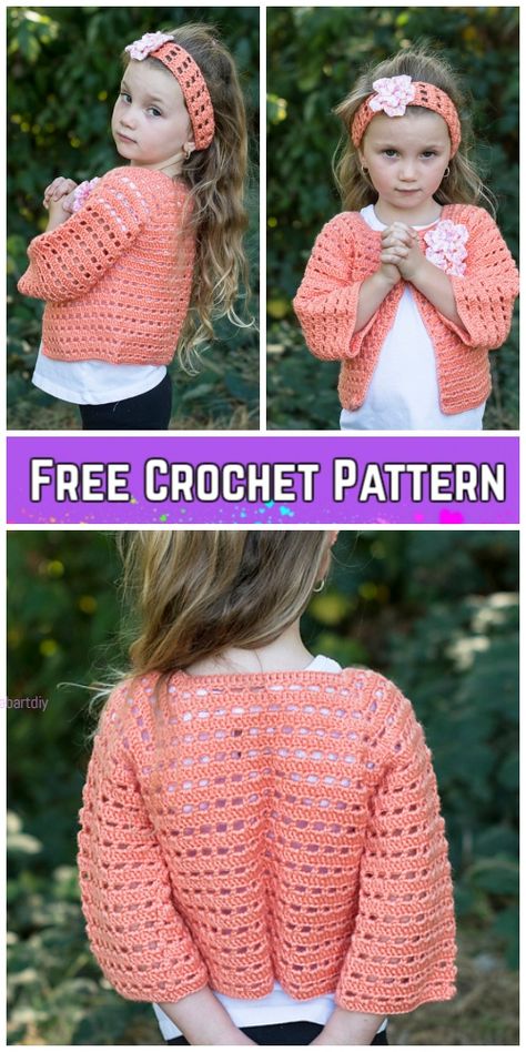 Crochet Flower Friendly Sweater Cardigan & Headband Free Crochet Pattern Sweater Headband, Crochet Toddler Sweater, Crochet Baby Shrug, Crochet Cardigan Girl, Bolero Haken, Crochet Baby Sweaters, Crochet Cardigan Pattern Free, Gilet Crochet, Crochet Baby Cardigan