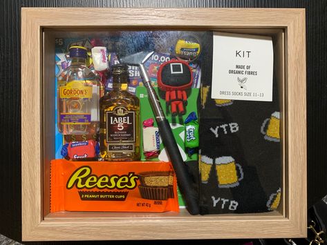 Shadow box gift idea Shadow Box Gift Ideas, Mens Gift Box, Box Gift Ideas, Shadow Box Gifts, Gift Box For Men, Box Ideas, Peanut Butter Cups, Shadow Boxes, Box Gift