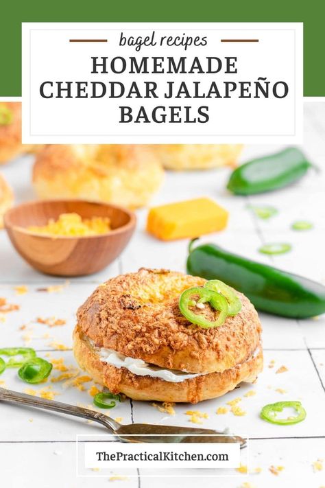 These easy homemade jalapeño cheddar bagels are absolutely bursting with peppery, cheesy flavor thanks to fresh jalapeños and cheddar cheese grated right into the dough. For extra heat, they're finished with a jalapeño egg wash, more jalapeño slices, and a generous heap of grated cheddar cheese on top. Cheddar Bagels, The Practical Kitchen, Bun Recipes, Fat Panda, Jalapeno Cheddar, Knead Bread, Practical Kitchen, Bagel Recipe, Baking Company