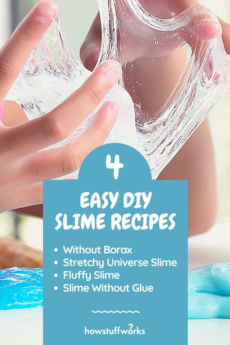 DIY Slime is a fun, simple science project for kids that can be done at home or in school — and it takes just a few everyday ingredients to pull it off. Read on to find out how to make four kinds of slime recipes: without borax, stretchy universe slime (galaxy slime), fluffy slime, and slime without glue. Diy Slime Without Glue Or Borax At Home, Slime Experiment, Easy Slime Recipes, Science Project For Kids, Slime Without Glue, Easy Science Projects, Slime Galaxy, Galaxy Slime, Easy Slime Recipe