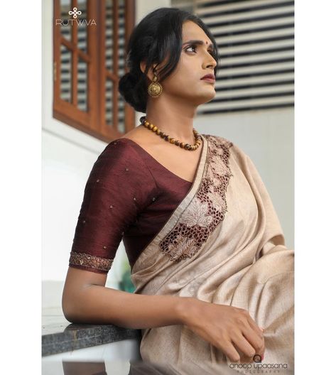 #Repost
///@rutwva_insta: M.A.P.L.E 🍁
.
Simple beige brown saree with cutwork detail on borders.

These cutworked borders are highlighted with handembroidery in cutbeads and beads.

This look is completed by pairing it with a burnt coffee pure rawsilk blouse with handembroidered sleeves.
.
Drop a message or contact on 9207675346/8848874044 for orders and enquiries.

Muse : @gourry_bhadhraas 
Photography : @anoopupaasana_photography 
MUA : @parinayah @rabisruthy 
Outfit&styling : @rutwva_insta Brown Silk Blouse Design, Brown Blouse Embroidery Design, Coffee Brown Blouse Designs, Brown Saree Combination Blouse, Blaous Work, Brown Blouse Designs For Saree, Brown Blouse Design, Coffee Brown Saree Combination Blouse, Simple Silk Blouse Designs