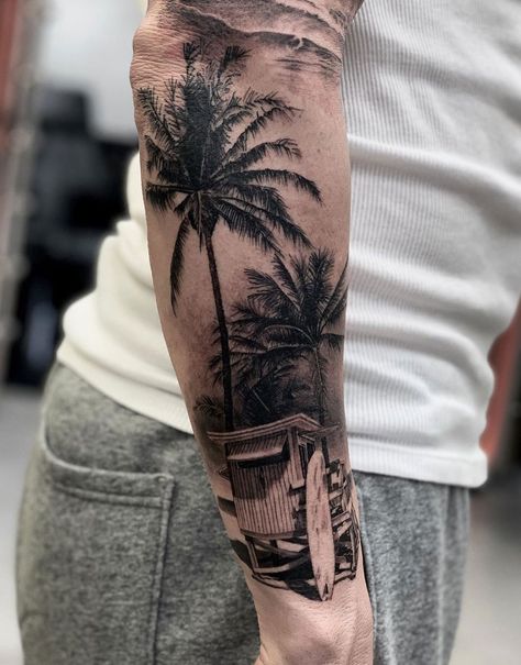 Summer Vibes by Drost Tattoo at Sinners Inc in Aarhus, Denmark. Outside Forearm Tattoos, Tropisches Tattoo, Tato Lengan Bawah, Forearm Tattoo Ideas, Surf Tattoo, Crab Tattoo, Palm Tattoos, Men Tattoos Arm Sleeve, Cool Arm Tattoos