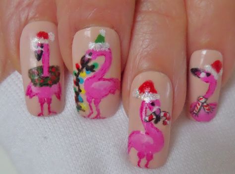 flamingo nail designs closeup Christmas Beach Vacation Nails, Christmas Flamingo Nails, Christmas In Hawaii Nails, Hawaii Christmas Nails, Beach Christmas Nails, Flamingo Nails Designs, Flamingo Nail Designs, Tropical Christmas Nails, Beach Holiday Nails