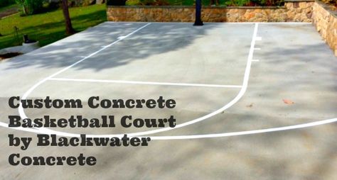 While many custom basketball courts are made with asphalt, a concrete pad with painted lines is also a very affordable option. Both are bare pads but a custom concrete basketball court has a much cleaner look to it.  Our concrete basketball courts are constructed to hold-up to the action and create realistic play, while also being fully customized! Concrete Basketball Court, Concrete Yard, Concrete Creations, Portable Basketball Hoop, Concrete Sealer, Basketball Courts, Concrete Pad, Custom Basketball, Starter Home