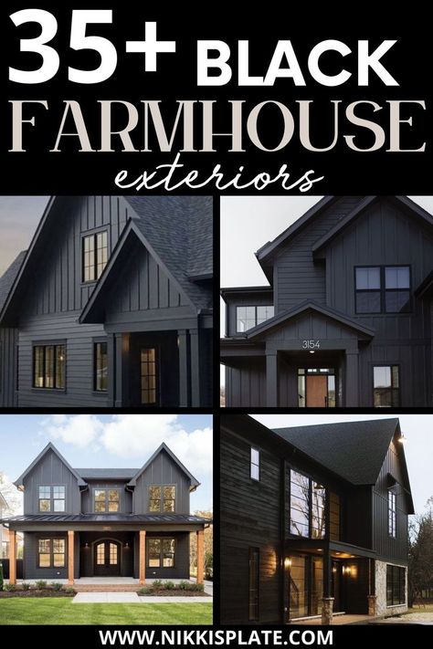 35 BEST MODERN BLACK FARMHOUSE EXTERIORS Single Story Black House Exterior, Black And Copper Exterior House, Black House With Black Metal Roof, Black Fox Exterior House, Black Metal House Exterior, Black House Windows, Black And White House Exterior Farmhouse, Black House With White Trim, Black And White Exterior House Farmhouse