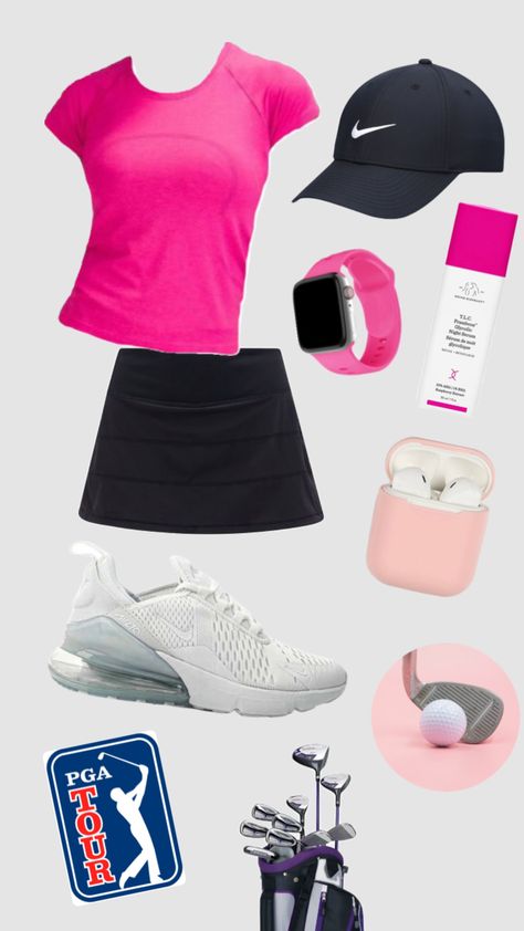 Golf Outfits Women Lululemon, Pink Golf Outfits Women, Pink Golf Skirt Outfit, Lululemon Golf Outfit, Preppy Golf Outfit, Golf Skirt Outfit Casual, Cute Girl Golf Outfits, Girly Golf Aesthetic, Pink Golf Outfit