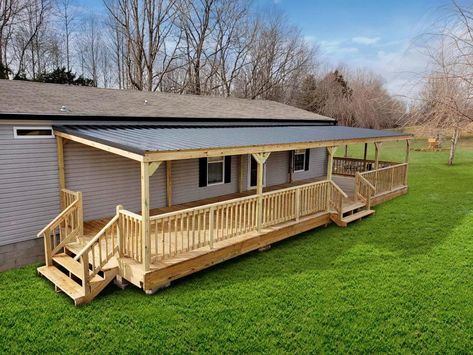 Mobile Home Wrap Around Deck, Front Porch Design For Mobile Home, Single Wide With Porch, Cheap Lean To Shed, Free Standing Porch Roof, Back Porch Ideas For Mobile Home, Flat Roof Back Porch Ideas, Double Wide Room Addition Ideas, Double Wide House Ideas