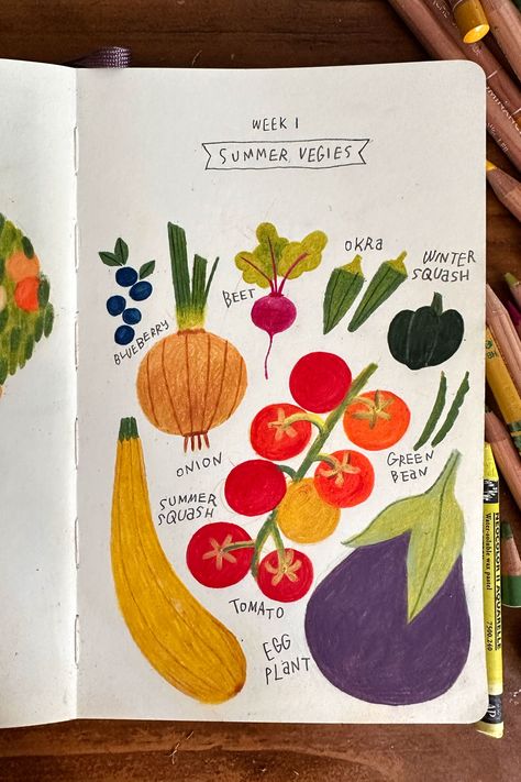 Sketchbook Illustration Inspiration, Food Drawing Tutorial, August Illustration, Food Sketchbook, Summer Drawing Ideas, Fruit Drawings, Summer Sketchbook, Colored Pencil Illustration, Kids Sketchbook