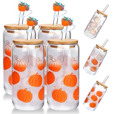 PRICES MAY VARY. 18OZ FALL GLASS MUG: Our pumpkin glass cups are crafted from premium high borosilicate material for durability and clarity. The fall pumpkin cups set includes 4 pumpkins jars with color changing pattern, 4 bamboo lids, 4 glass straws, 1 straw brush, and 4 silicone straw cover caps. Whether on the go or at gatherings, its versatile design fits seamlessly into your daily life, adding style and functionality wherever you take it. COLOR-CHANGING WONDER: Watch as the pumpkin pattern Fall Glass Cups, Wedding Tumbler, Cups With Lids And Straws, Fall Mugs, Color Changing Cups, Pumpkin Cups, Pumpkin Mug, Wedding Tumblers, Cups With Lids