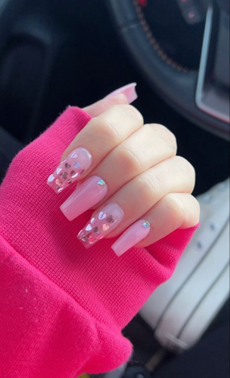 Pink Nails With Heart, Nails With Bling, Coffin Shaped Nails, Shaped Nails, Coffin Shape Nails, Heart Nails, Pink Nails, Summer Nails, So Cute