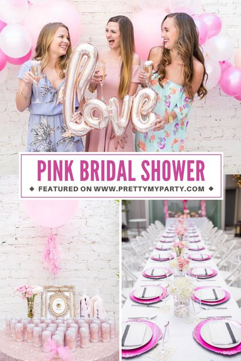 Girly Pink Bridal Shower - Pretty My Party - Party Ideas Pink Bridal Shower Ideas Decoration, Pretty In Pink Bridal Shower Ideas, Pink Bridal Shower Ideas, Pretty In Pink Bridal Shower, Pink Bridal Shower Theme, Champagne Food, Bridal Shower Decorations Pink, Bridal Shower Drinks, Pink And Gold Decorations