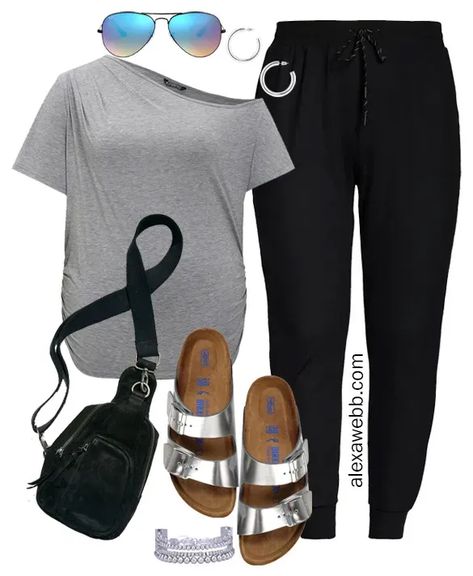 Plus Size Black Joggers Outfit - A casual plus size outfit for running errands and casual outings this summer. Plus size black joggers with a grey off-shoulder tee and black sling bag by Alexa Webb. Plus Size Sporty Outfits, Plus Size Athleisure Outfits, Black Joggers Outfit, Casual Shorts Outfit, Tennis Shoes Outfit Work, Casual Plus Size Outfits, Alexa Webb, Linen Pants Outfit, Errands Outfit