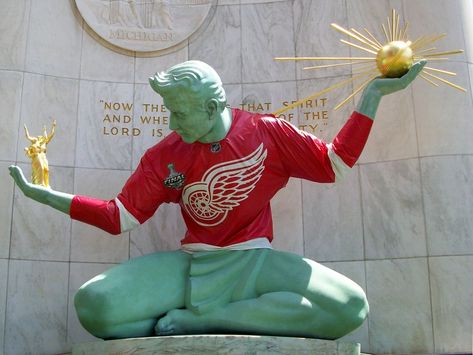 Spirit of Detroit Statue Wearing a Red Wings Jersey, Detroit, MI Spirit Of Detroit, Historic Detroit, Travel Michigan, Detroit Redwings, Detroit Art, Detroit History, Michigan Girl, Detroit Sports, Detroit City