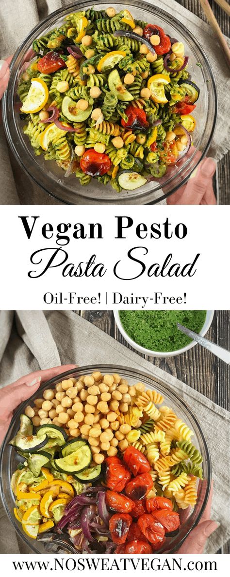 Fun fusilli pasta, creamy vegan pesto, earthy chickpeas, and bright roasted vegetables, combine for a quick, easy, and colorful vegan pesto pasta salad. This recipe is oil-free but full of flavor. Serve cold as a perfect side dish for a summer cookout or warm as your main course. #veganpastasalad #pestopastasalad #veganpestopasta #veganpesto #vegansidedishes #veganrecipes #coldpastasalad #veganpastasaladrecipe #easyveganpastasalad #easyveganrecipes Cold Pesto Pasta Salad, Creamy Vegan Pesto, Salad With Roasted Veggies, Vegan Pesto Pasta Salad, Vegan Pesto Recipe, Vegan Pesto Pasta, Pasta Creamy, Vegan Pasta Salad, Fusilli Pasta