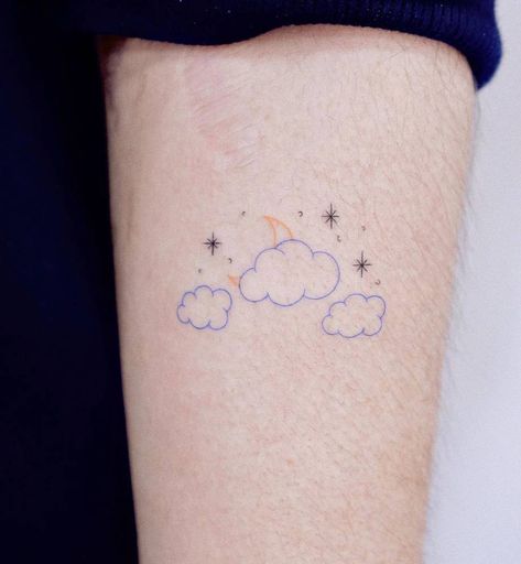 Cloud And Stars Tattoo, Cute Cloud Tattoo, Stars And Moon Tattoo, Clouds And Stars Tattoo, Rain Cloud Tattoos, Cloud Tattoo Ideas, Tattoo Ideas For Female, Cloud Tattoo Design, Rain Tattoo