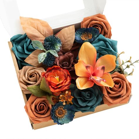 PRICES MAY VARY. 【Teal & Terracotta】Wander through the forest with Ling’s Dark Teal & Burnt Orange collection. 【Material & Package】Including 15 pcs artificial flowers+ 3 pcs greenery & Accessories .Silk Flowers: Teal Green Poppy x2, Mandarin Cymbidium x1, Burnt Orange Peony x1, Orange Wintersweet x2; Foam Flowers: 3" Amber Rose x1, 3" Golden Glove Rose x1, 3" Burnt Orange Rose x3, Teal Green Avalanche Rose x2, Hazelnut Gardenia x1, Peacock Green Avalanche Rose x1; Greenery & Accessories: Superno Orange Peony, Garden Bridal Showers, Burnt Orange Weddings, Austin Rose, Unique Bouquet, Fall Wedding Centerpieces, Golden Leaf, Sample Box, Diy Wedding Bouquet