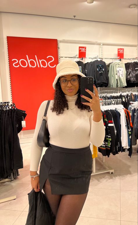 Bucket Hat Curly Hair, Black Skirt And Tights, Hat Curly Hair, Cream Bucket Hat, Mixed Race Girl, Skirt And Tights, Mixed Girl, Fluffy Bucket Hat, Hat Cream