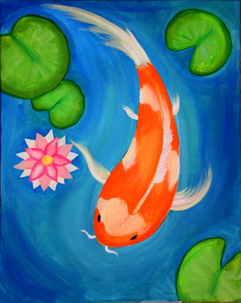 Koi Pond #canvastherapy #paint #acrylic #paintandsip #wine #art #canvas #blackart #painter #girlgroup #memphis #paintingideas #amandab #fish Cou Fish Painting, Mini Canvas Art Easy Cute Animals, Koi Fish Painting Easy Acrylic, Easy Pond Painting, Simple Koi Fish Painting, Fish In Pond Drawing, Ikan Koi Art, Coy Fish Painting Ideas, Painting Fish Acrylic