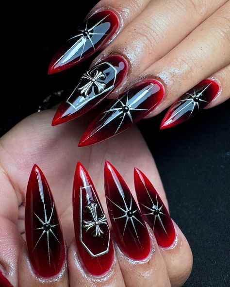 🦇🦇🦇🦇🦇🦇🦇 . . . . . . #nails2inspire #bloodnails #nailsinspiration #nailartist #obscureart #spooky #spookyseason #gothic #vampire #darkwave #thecure #halloween #obscure #balenciaga #viralnails #latex #blackart #punkstyle #rednails #nightmare Edgy Nail Art, Vampire Nails, Color Block Nails, Halloween Nail Ideas, Dark Wave, Quick Nail, Halloween Acrylic Nails, Gothic Nails, Gothic Vampire