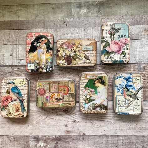 These small tins have been decorated in a vintage style. They measure 3.5 x 2.5 and are perfect to store paper clips, postage stamps, small labels and sticker. They look pretty sitting on the desk while journaling. You will be sent a random tin unless you specifically request one and it is still available. Altoid Tin Ideas Diy, Mint Tin Crafts, Vintage Tea Tins, Matchbox Crafts, Altered Tins, Mint Tins, Small Tins, Tin Art, Tin Gifts