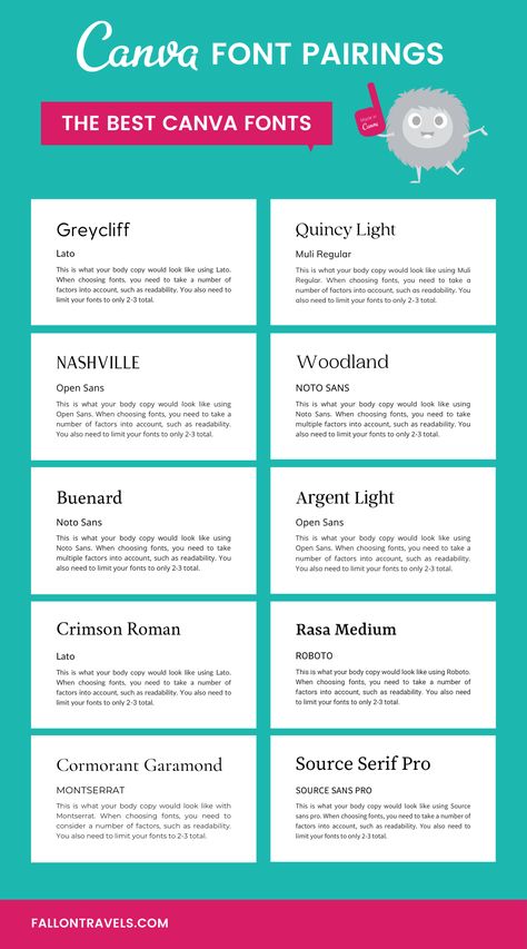 If you are a Canva lover, you definitely don't want to miss this list of font pairings and combinations, including for both Canva Pro & free fonts options you can use to create clickable pins for your blog!  #Fonts #CanvaFontsPairings #Canva #BloggingTips #FallonTravels Typography Combinations, Canva Font Combinations, Best Canva Fonts, Font Combination, Canva Hacks, Free Handwritten Fonts, Canva Font, Cookbook Design, Instagram Font