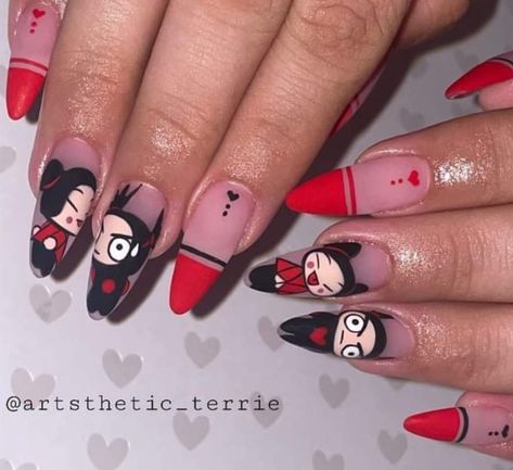 Anime Inspired Nail Art, Pucca Nails, Vamp Nails, Cartoon Nail Designs, Character Nails, Witch Nails, Nails Fun, Polygel Nails, Short Acrylic Nails Designs