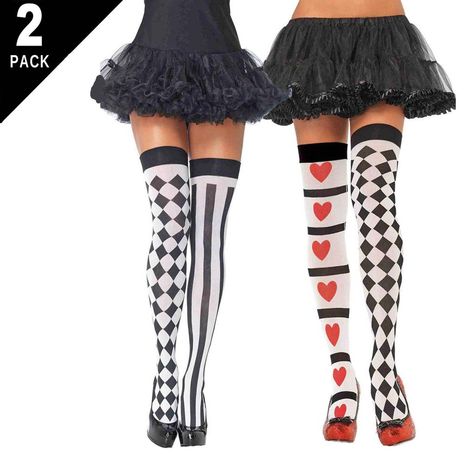 Queen Of Heart And Harlequin Print Stockings 2-Pack Women's Os Costume Thigh Highs Women's Costume Accessory Hosiery One Size Black Hair Halloween Costumes, Queen Of Hearts Halloween Costume, Harlequin Print, Queen Of Hearts Halloween, Queen Of Heart, Texture Socks, Thigh High Stocking, Queen Of Hearts Costume, Hair Halloween