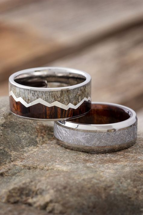 Custom Wooden Wedding Bands for Men Ring Combos, Unique Rings For Men, Woods Dark, Wood Wedding Bands, Meteorite Engagement Ring, Antler Wedding Band, Wood Engagement Ring, Wooden Wedding Bands, Meteorite Wedding Band