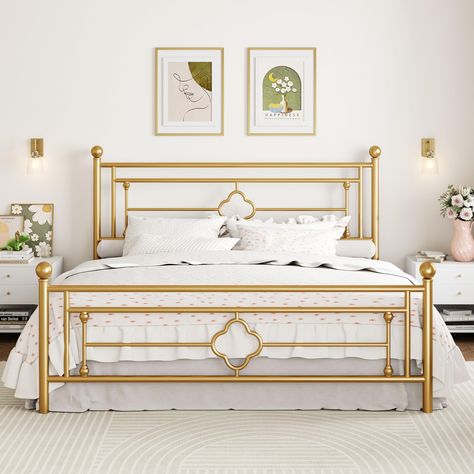 PRICES MAY VARY. [Sturdy and Durable] Crafted with heavy-duty metal support legs, our king platform bed frame ensures a solid foundation and long-lasting stability for a restful night’s sleep, making it a reliable choice for your bedroom or guest room. [Modern Design] With its sleek and minimalist design, our king bed frame with headboard and footboard adds a touch of elegance and sophistication to any bedroom decor. Whether a contemporary or classic style, this victorian frame seamlessly blends Disguise Metal Bed Frame, Rub And Buff On Metal Bed, Gold Bed Frame, Wrought Iron Headboard, Vintage Headboard, Iron Headboard, Dallas Apartment, Vintage Headboards, Metal Platform Bed Frame