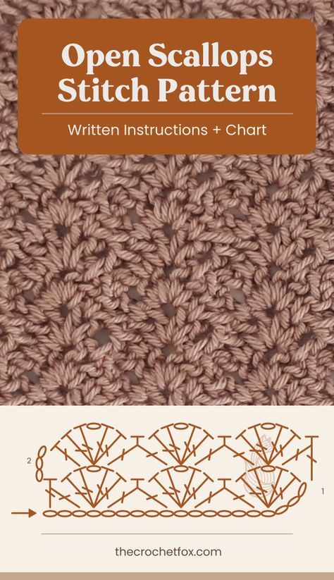 Add a stylish texture to your crochet shawls, scarves and wraps by learning this easy Open Scallops Stitch that gives any crochet project a stunning fan-like pattern. This easy crochet stitch pattern is a looser, more airy version of the Close Scallops Stitch. | More easy crochet stitch patterns at thecrochetfox.com Crochet Stitches Patterns Diagram, Crochet Diagram Patterns Free, Open Crochet Stitches, Loose Crochet Stitch, Crocheting Stitches, Japanese Crochet Patterns, Crochet Stitch Pattern, Crochet Chain Stitch, Crochet Stitches Diagram