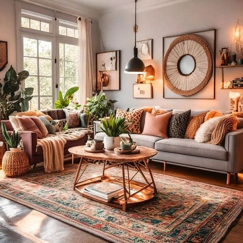 Grey Couch Bohemian Living Room, Grey Couch Rustic Living Room, Cute Boho Living Room Ideas, Grey Bohemian Living Room, Colorful Living Room With Gray Couch, Boho Living Room Grey Sofa, Boho Gray Couch, Apartment Inspiration Rustic, Gray Couch Colorful Living Room