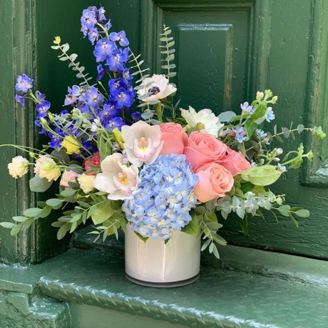 Julia Testa • NYC Florist on Instagram: “New Product Alert 🚨 Named “Olivia Rose” 💐💐💐 $125” Flowers Interior Design, Light Blue Hydrangea, Nyc Florist, Blue Delphinium, Olivia Rose, Roses White, Church Flowers, Flower Bar, Floral Photography