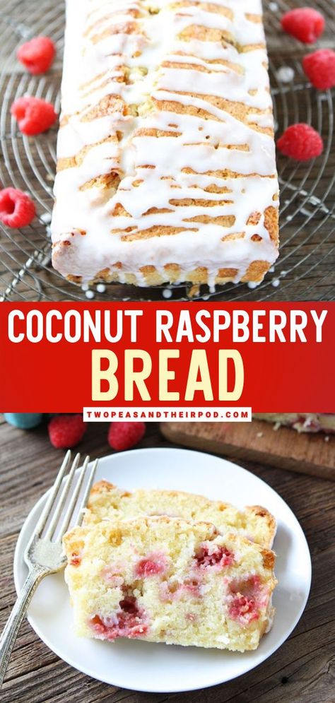 Looking for a delicious Mother's day brunch idea? Try this Coconut Raspberry Bread! This easy coconut quick bread is dotted with fresh raspberries and drizzled with a homemade sweet glaze! Pin this… Raspberry Bread Recipes, Raspberry Quick Bread, Raspberry Banana Bread, Coconut Quick Bread, Raspberry Bread, Easy Quick Bread, Bundt Recipes, Recipes With Yeast, Easy Recipies