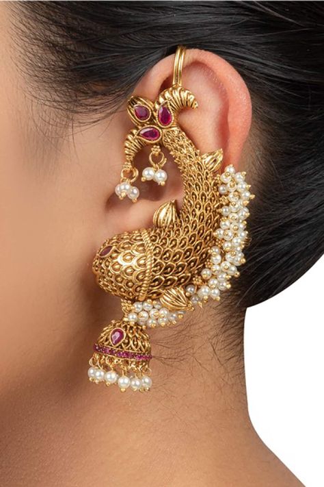 Earrings Full Ear Jewelry, Indian Ear Cuffs, Gold Ear Cuff Earrings, Gold Ear Cuff Earrings Indian, Chettinad Jewellery Gold, Traditional Jewelry Gold, Earcuffs Earrings Indian, Ear Cuffs Gold Indian, Traditional Gold Earrings