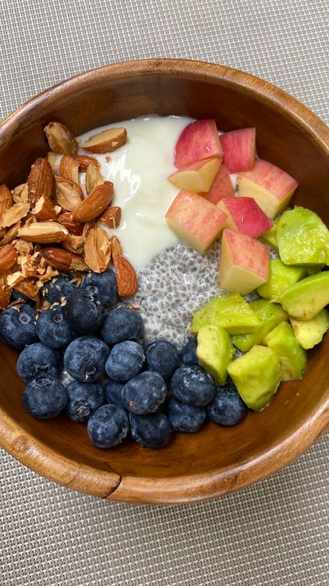 Almond, blueberries, avocado, apple, chia pudding, yogurt Apple Chia Pudding, Pudding Yogurt, Chia Yogurt, Chia Pudding, A Bowl, Blueberries, Chia, Yogurt, Avocado