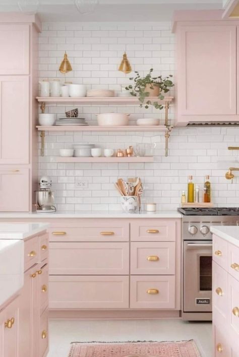 Pink And Gold Kitchen, Pale Pink Kitchen, Pink Kitchen Inspiration, Pink Kitchen Cabinets, Commercial Bakery, Pink Kitchens, Pink Cabinets, Kitchen Floating Shelves, Pastel Kitchen