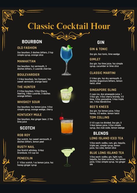 This cocktail menu includes the top 45 must have classic cocktails along with the recipes that are essential for any bar. includes drinks made with Whiskey, Rum, Vodka, Gin, Tequila, Scotch and Liqueurs. List Of Alcoholic Drink Names, Alcoholic Drinks Whiskey, Screwball Whiskey Drinks, Fall Mixed Drinks, Mixed Drinks Alcohol Recipes, Bar Drink Recipes, Cheers Bar, Bartender Drinks Recipes, Classic Margarita Recipe