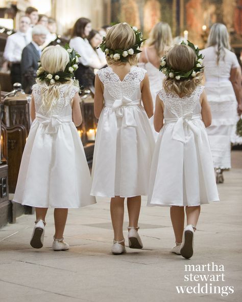 The only thing better than one adorable flower girl? Three adorable flower girls. These matching dresses and flower crowns just up the cute factor. Flower Crown Ideas, Simple Flower Crown, White Flower Crown, Crown Ideas, Martha Weddings, Rose Flower Crown, Louise Roe, 1st Wedding Anniversary, Flower Girl Hairstyles