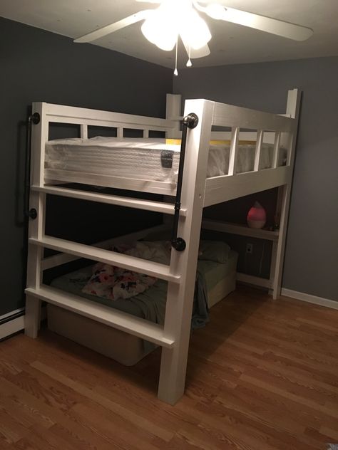 DIY custom Full size loft bed. 2x4 and 2x6 construction. Bunk Bed Ladder Handles, Full Loft Bed Diy, Loft Full Size Bed, How To Build A Loft Bed, Easy Loft Bed Diy, Diy Full Size Loft Bed Plans, Full Size Loft Bed Diy, Loft Bed Ideas For Small Rooms Diy, Full Size Loft Bed Plans