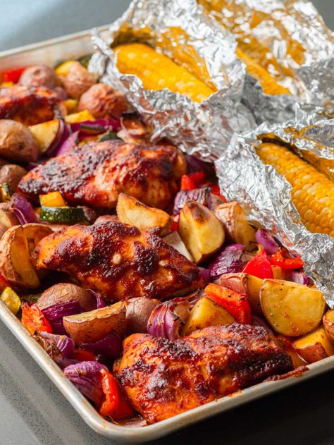 Barbecue Chicken Dinner, Sheet Pan Bbq Chicken, Pan Bbq Chicken, Chicken Sheet Pan Recipe, Bbq Meals, Barbecue Dinner, Chicken Sheet Pan, Easy S, Sheet Pan Suppers