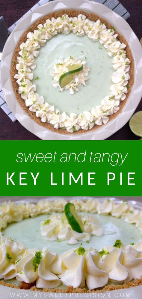 Sweet and tangy, this homemade key lime pie is perfect for a hot summer day. Only five ingredients and easy to make! Perfect for a picnic or bbq dessert. Check out the recipe on mysweetprecision.com Kermits Key Lime Pie Recipe, Lime Deserts, Homemade Key Lime Pie, Bbq Dessert, Citrus Tart, Key Lime Pie Recipe, Bbq Desserts, Lime Pie Recipe, Amazing Meals