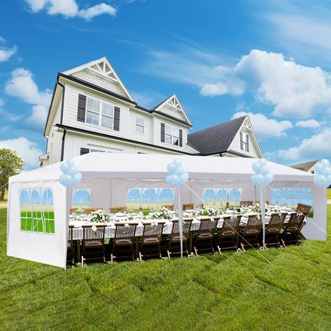 PRICES MAY VARY. 🏡 Spacious Design: 10'X30' (3m*9m) outdoor party tent can hold up to 50 people. 8.5ft height is enough for most people standing in the canopy tent. The sidewall has a transparent window so you can observe the children playing outside the tent. It is ideal for garden weddings, outdoor events, birthday celebrations, backyard barbecues, any dining or party setup. ⛺ Waterproof Material: Durable waterproof PE cloth also can block 90% sunray and offer UV protection. Provides you with Outdoor Wedding Tent, Tents For Parties, Tent Gazebo, Party Canopy, Weddings Outdoor, Carport Canopy, Outdoor Gazebo, Outdoor Dinner Parties, Gazebo Tent