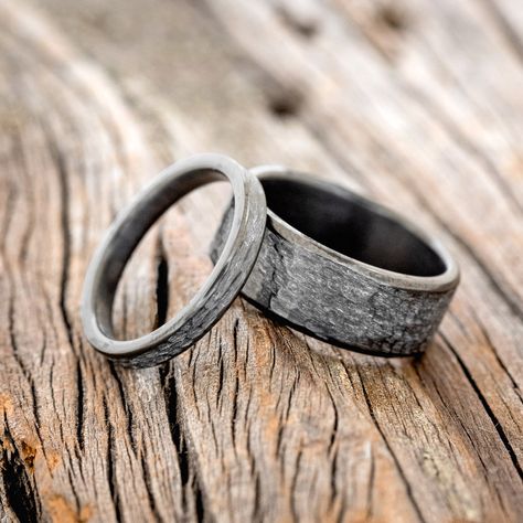 Product Details Ring Style: A matching wedding band set featuring two black zirconium bands with a hammered... Black Zirconium Ring, Wedding Ring Sets Unique, Cute Engagement Rings, Staghead Designs, Black Wedding Band, Black Wedding Rings, Matching Wedding Bands, Ceramic Rings, Detailed Ring