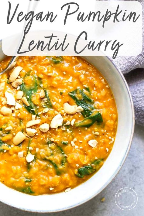 This easy vegan pumpkin lentil curry is ready in under 30 minutes. Made with coconut milk for a luscious texture, serve it over rice, quinoa, or cauliflower for an easy vegan meal. #veganrecipes #lentils #healthyrecipes Pumpkin Recipes Easy Dinner, Pumpkin Lentil, Spinach Lentil, Lentil Recipes Easy, Pumpkin Recipes Dinner, Canned Pumpkin Recipes, Recipes Spinach, Lentil Curry Recipes, Pumpkin Recipes Healthy