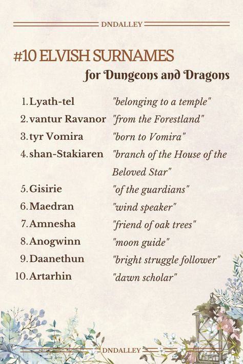 Dnd Character Name Ideas, Flower Names With Meaning, Elf Last Names, Flower Names And Meanings, Elf Names Dnd, Druid Names, Wood Elf Names, Fantasy Surnames, Unique Flower Names