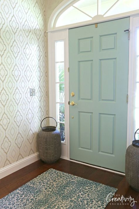 Front door painted with Hazel by Sherwin Williams. Sherwin Williams Hazel, Interior Of Front Door, Interior Front Door Colors, Blue Interior Doors, Paint Doors, Door Colour, Solid Wood Door, Lower Cabinets, Interior Design Classes